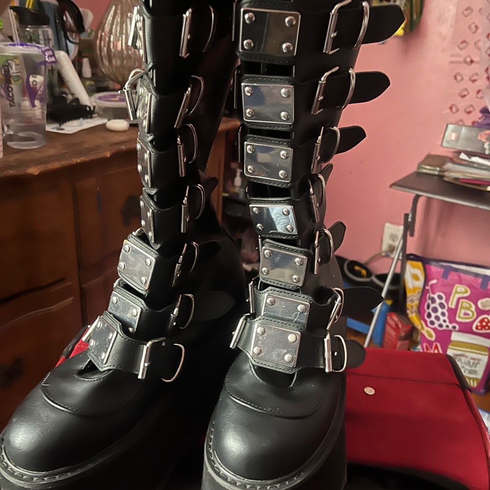 Demonia Platform Black Multi-Buckle Combat Boots